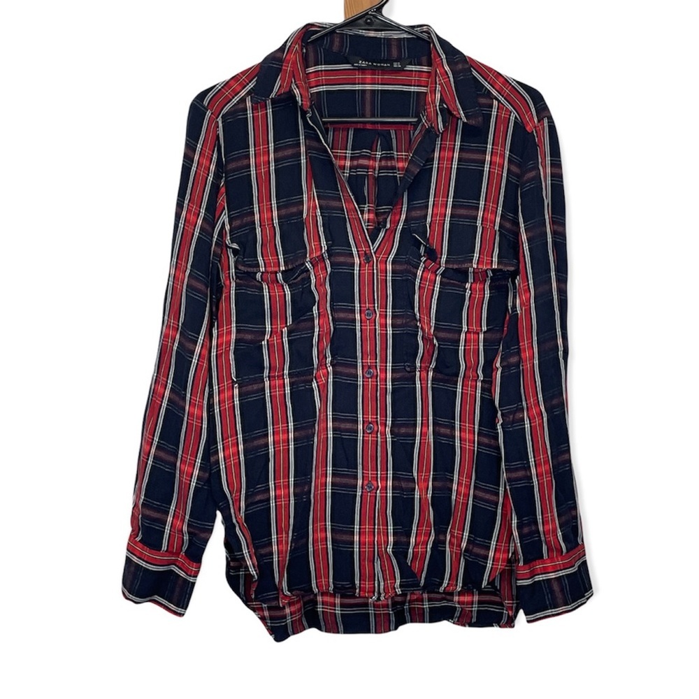 Zara Navy Blue & Red Plaid Long Sleeve Button Down Shirt Size M